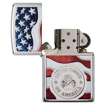Zippo America Stamp on Flag High Polish Chrome Pocket Lighter