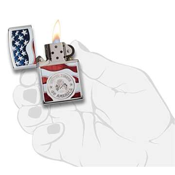 Zippo America Stamp on Flag High Polish Chrome Pocket Lighter