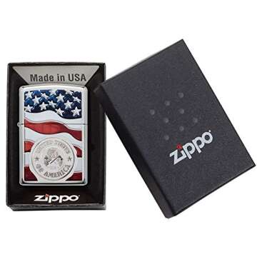 Zippo America Stamp on Flag High Polish Chrome Pocket Lighter