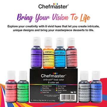 Chefmaster - Airbrush Kit - Airbrush Food Coloring - 8 Pack - True To Shade Vibrant Colors - Works With Any Airbrush Tool, Achieves Amazing Effects and Designs - Fade-Resistant Color - Made in the USA