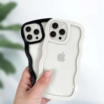 Anuck for iPhone 15 Pro Max Case Wavy Edge Clear Back Design, Anti-Slip Grip Cute Wave Curly Frame Shape Shockproof Soft TPU & Hard Bumper Protective Phone Case Cover for Women Girls, White