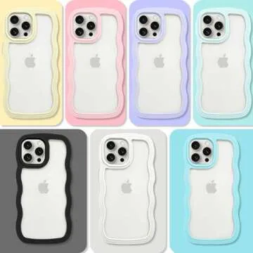 Anuck for iPhone 15 Pro Max Case Wavy Edge Clear Back Design, Anti-Slip Grip Cute Wave Curly Frame Shape Shockproof Soft TPU & Hard Bumper Protective Phone Case Cover for Women Girls, White