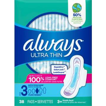 Always Ultra Thin Feminine Pads For Women, Size 3 Extra Long Super Absorbency, With Wings, Unscented...