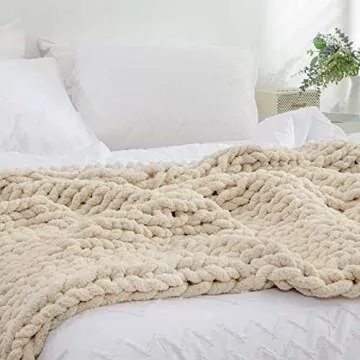 YAAPSU Chunky Knit Throw Blanket for Couch, 60"x80", 100% Hand Knitted Thick Cable Knit with Cozy Jumbo Chenille Yarn, Soft Large Rope Knot Crochet Blankets for Sofa Bed Living Room Décor, Beige