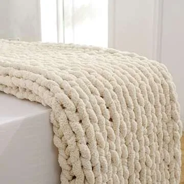 YAAPSU Chunky Knit Throw Blanket for Couch, 60"x80", 100% Hand Knitted Thick Cable Knit with Cozy Jumbo Chenille Yarn, Soft Large Rope Knot Crochet Blankets for Sofa Bed Living Room Décor, Beige
