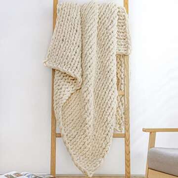 YAAPSU Chunky Knit Throw Blanket for Couch, 60"x80", 100% Hand Knitted Thick Cable Knit with Cozy Jumbo Chenille Yarn, Soft Large Rope Knot Crochet Blankets for Sofa Bed Living Room Décor, Beige