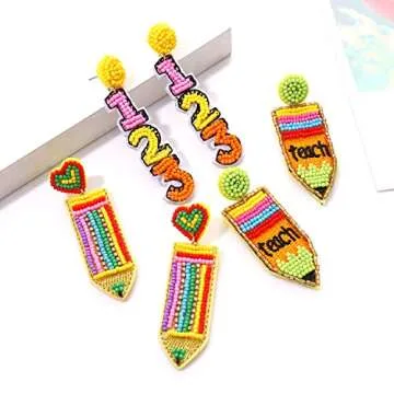 HZEYN 3 Pairs Beaded Teacher Earrings for Women Handmade Beaded Pencil ABC Dangle Earrings Back To School Jewelry Educator Teacher Appreciation Gifts (123 pencil)