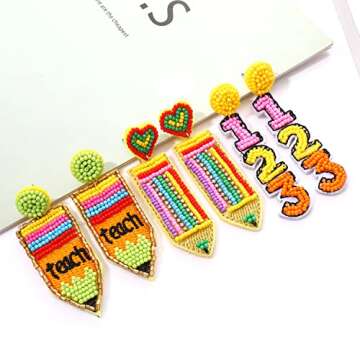HZEYN 3 Pairs Beaded Teacher Earrings for Women Handmade Beaded Pencil ABC Dangle Earrings Back To School Jewelry Educator Teacher Appreciation Gifts (123 pencil)