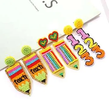 HZEYN 3 Pairs Beaded Teacher Earrings for Women Handmade Beaded Pencil ABC Dangle Earrings Back To School Jewelry Educator Teacher Appreciation Gifts (123 pencil)