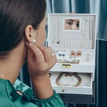 NUCAZA Jewelry Box For Women Girls With Mirror, 2-Layers Large Organizer Box for Earrings, Necklaces, Bracelets & Rings - Travel Jewelry Case, Jewelry Holder Storage, Gifts, White