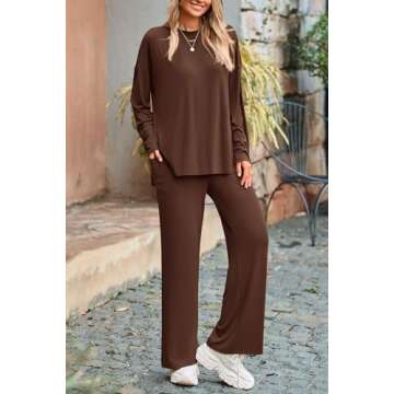 PRETTYGARDEN Women's Two Piece Lounge Sets Matching Long Sleeve Shirts Wide Leg Pants Tracksuits Travel Outfits Fall Clothes (Light Coffee,Large)
