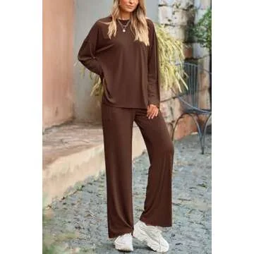 PRETTYGARDEN Women's Two Piece Lounge Sets Matching Long Sleeve Shirts Wide Leg Pants Tracksuits Travel Outfits Fall Clothes (Light Coffee,Large)