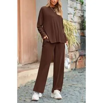PRETTYGARDEN Women's Two Piece Lounge Sets Matching Long Sleeve Shirts Wide Leg Pants Tracksuits Travel Outfits Fall Clothes (Light Coffee,Large)