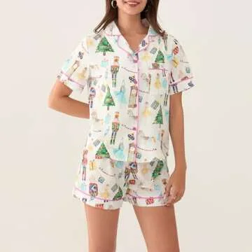 Luckinbaby Women Satin Silk Pajamas Shorts Set Christmas Nutcracker 2 Piece Outfits Set Short Sleeve Button Shirts Pj Lounge Set(Nutcracker Colorful,Small)