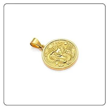Fusamk Hip Hop 18K Gold Plated Dragon Round Tag Pendant Animal Necklace,22" Box Chain(Gold)