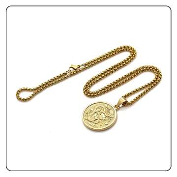 Fusamk Hip Hop 18K Gold Plated Dragon Round Tag Pendant Animal Necklace,22" Box Chain(Gold)