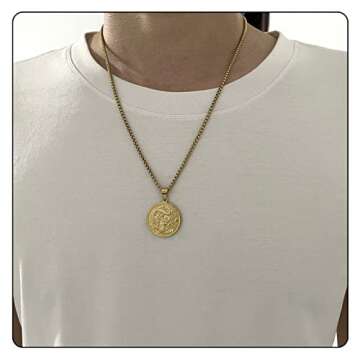 Fusamk Hip Hop 18K Gold Plated Dragon Round Tag Pendant Animal Necklace,22" Box Chain(Gold)