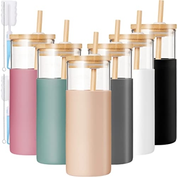 6 Pack Glass Tumblers with Bamboo Lid and Straw Reusable Iced Coffee Cups Smoothie Tumbler Aesthetic...