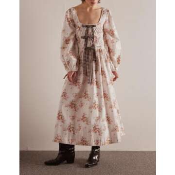 Women Y2k Floral Bow Tie Dress Boho Long Puff Sleeve Flowy Fall Dress Square Neck A-Line Ruffle Smocked Maxi Dress White