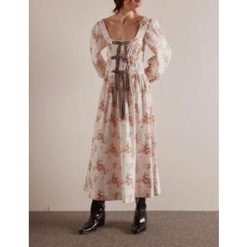 Women Y2k Floral Bow Tie Dress Boho Long Puff Sleeve Flowy Fall Dress Square Neck A-Line Ruffle Smocked Maxi Dress White