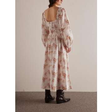 Women Y2k Floral Bow Tie Dress Boho Long Puff Sleeve Flowy Fall Dress Square Neck A-Line Ruffle Smocked Maxi Dress White