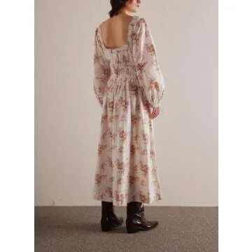 Women Y2k Floral Bow Tie Dress Boho Long Puff Sleeve Flowy Fall Dress Square Neck A-Line Ruffle Smocked Maxi Dress White