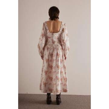 Women Y2k Floral Bow Tie Dress Boho Long Puff Sleeve Flowy Fall Dress Square Neck A-Line Ruffle Smocked Maxi Dress White