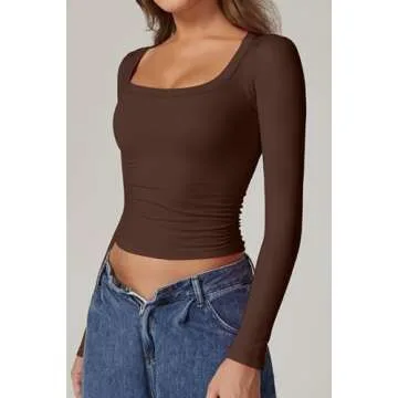 QIINSEN Women's Scoop Neck Long Sleeve Going Out Seamless Crop Top for Fall Winter Chestnut L