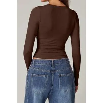 QIINSEN Women's Scoop Neck Long Sleeve Going Out Seamless Crop Top for Fall Winter Chestnut L