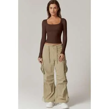QIINSEN Women's Scoop Neck Long Sleeve Going Out Seamless Crop Top for Fall Winter Chestnut L