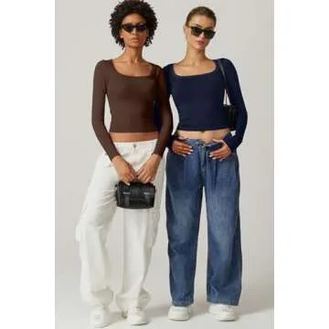 QIINSEN Women's Scoop Neck Long Sleeve Going Out Seamless Crop Top for Fall Winter Chestnut L