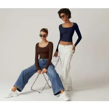 QIINSEN Women's Scoop Neck Long Sleeve Going Out Seamless Crop Top for Fall Winter Chestnut L