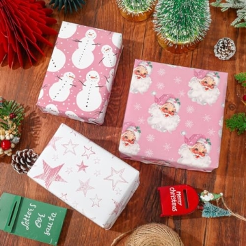 AnyDesign Christmas Wrapping Paper - Pink Santa & Snowman Designs