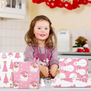 AnyDesign Christmas Wrapping Paper - Pink Santa & Snowman Designs