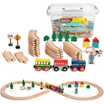 On Track USA Wooden Train Set 35 Piece All in One Wooden Toy Train Tracks Set with Magnetic Trains a...