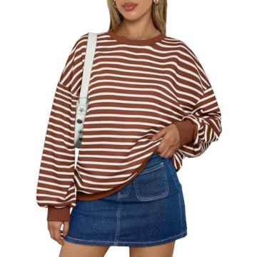 Trendy Queen Women's Oversized Crewneck Striped Sweatshirt Loose Fit Comfy Crew Neck Pullover Tops 2...