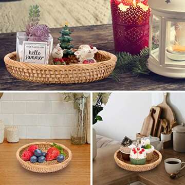 Hipiwe Set of 3 Key Basket Bowl for Entryway Woven Wicker Storage Basket Bowl Round Rattan Serving Basket Tray Fruit Snacks Candy Organizer Bowl for Keys Wallet Cell Phone Home Decor