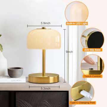 PORTRES Cordless Table Lamp - Rechargeable, Stylish Opal Glass Shade