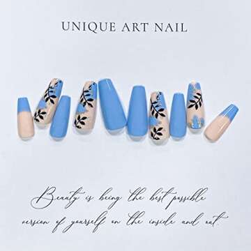 24Pcs Coffin Press on Nails Long French Fake Nails Glossy Acrylic Full Cover Glue on Nails Blue Fals...