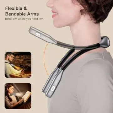 Gritin Neck Reading Light, Book Light for Reading in Bed- Eye Caring 3 Colors,Stepless Dimming Brightness,Bendable Arms,80+Hrs Runtime,Round Neck Design,Comfortable&Flexible for Knitting etc