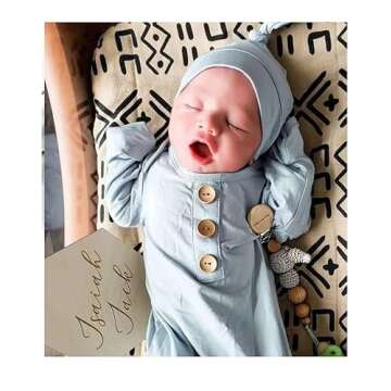 Newborn Baby Boys Girls Knotted Gown Hat Set Soft Viscose from Bamboo Infant Sleeper Baby Sleep Gown with Mittens (Dusty Blue, 0-3 Months)