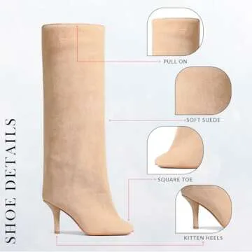 VOMIRA Women's Knee High Nude Suede Wide Calf Square Toe Stiletto Fall Winter Pull On High Heel Long Ladies Fashion Dress Tall Slouchy Boots