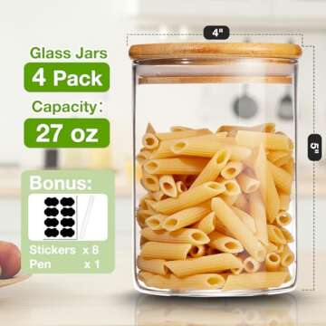 Mfacoy 4 Pack Glass Storage Jars with Airtight Bamboo Lid, 27 OZ Glass Canisters Set with Labels, Gl...