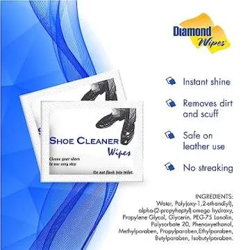 Diamond Wipes Pre-Moistened Shoe Shine Wipes, Streak-Free Shoe Cleaner Pack of 50 Individually Wrapped Wet Wipes - Use On Leather, Travel Essentials