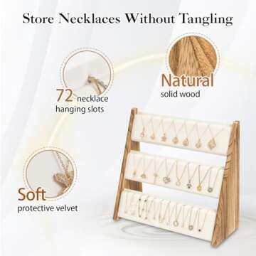 Yoimori Necklace Holder, 3 Tier Necklace Organizer Stand with White Velvet, Wood Necklace Display Stands for Selling, Jewelry Display Stand for 72 Necklaces Bracelets (Brown)