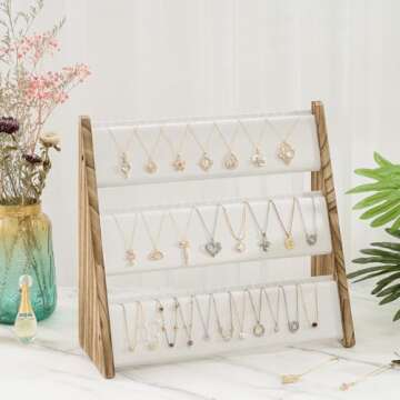 Yoimori Necklace Holder, 3 Tier Necklace Organizer Stand with White Velvet, Wood Necklace Display Stands for Selling, Jewelry Display Stand for 72 Necklaces Bracelets (Brown)