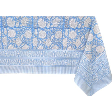 ATOSII Azora Blue 100% Cotton Rectangle Summer Tablecloth, Block Print Floral Table Cloth for Dining...