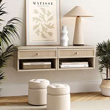 Nathan James Jackson Wall Mounted Rattan Floating Bedroom Nightstand with Storage Drawer and Modern Open Shelf Cubby, Light Oak/Rattan