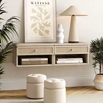 Nathan James Jackson Wall Mounted Rattan Floating Bedroom Nightstand with Storage Drawer and Modern Open Shelf Cubby, Light Oak/Rattan