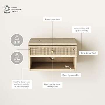 Nathan James Jackson Wall Mounted Rattan Floating Bedroom Nightstand with Storage Drawer and Modern Open Shelf Cubby, Light Oak/Rattan